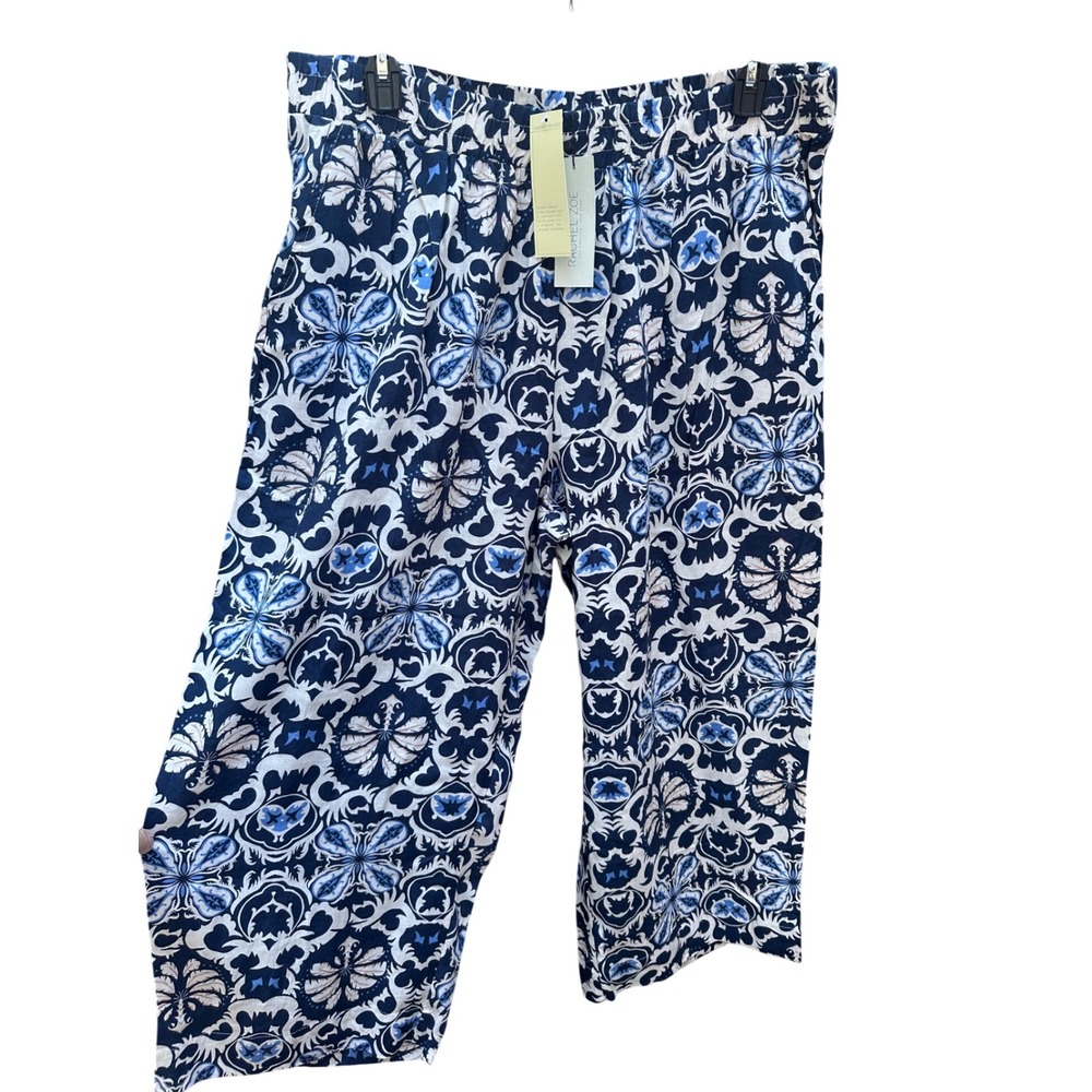 Rachel Zoe Blue White Floral Linen Blend Cropped Wide Leg Pants 2X NWT